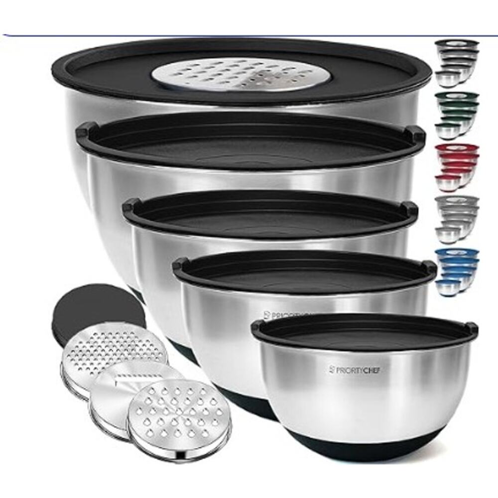 NEW Priority Chef Stainless Steel Mixing Bowls with Lids, 3 Grater Attachments